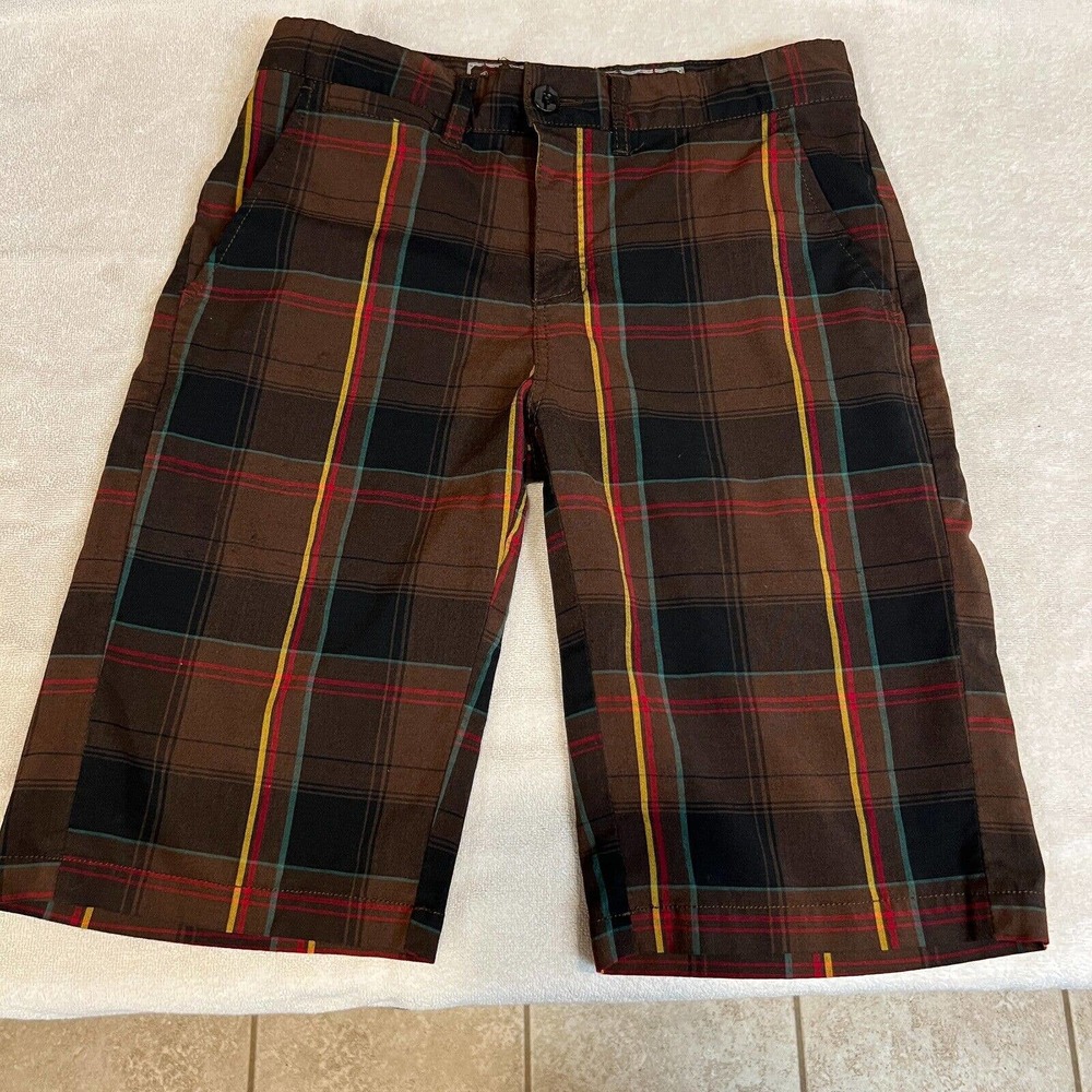 CCS Men's 28 Brown Plaid "Hurricane Flex" Shorts Yellow Red